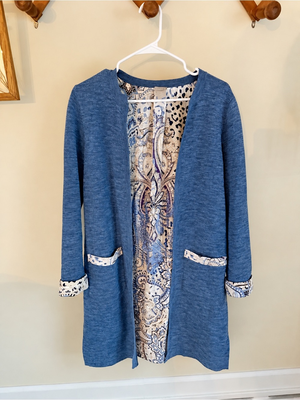 Chico's Blue Open-Front Cardigan with Printed Lining